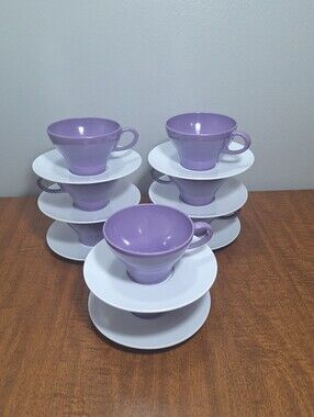 Vtg MCM Retro Melmac Purple Lavender & White Set Of 8 Cups & Saucers 16 Pieces
